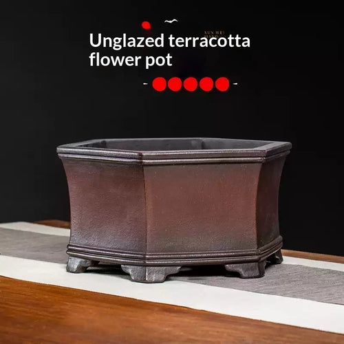 Brown unglazed waisted hexagonal Yixing bonsai pot