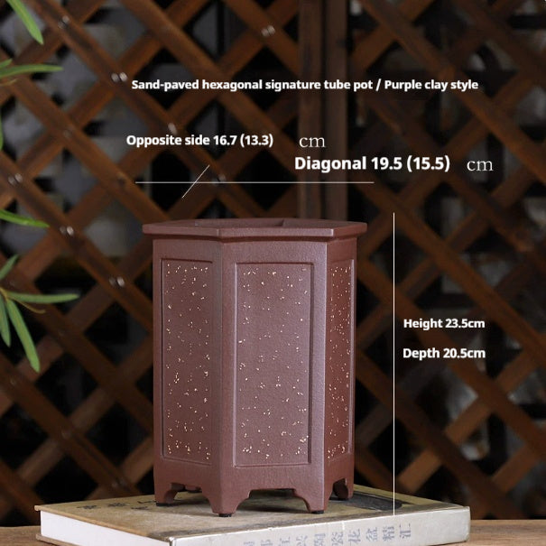 Tall hexagonal bonsai pot with height, depth and width measurement labels