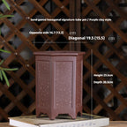 Tall hexagonal bonsai pot with height, depth and width measurement labels