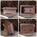 Four views of brown rectangular pot showing banded sides, interior and underside openings