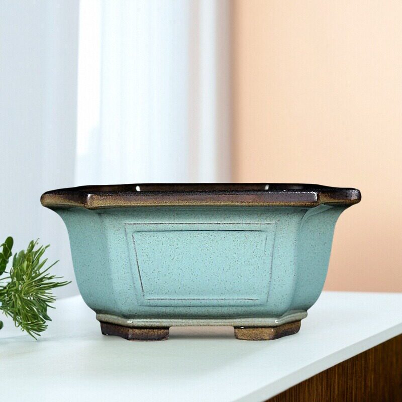 Light-green glazed paneled square bonsai pot, side view
