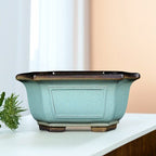 Light-green glazed paneled square bonsai pot, side view