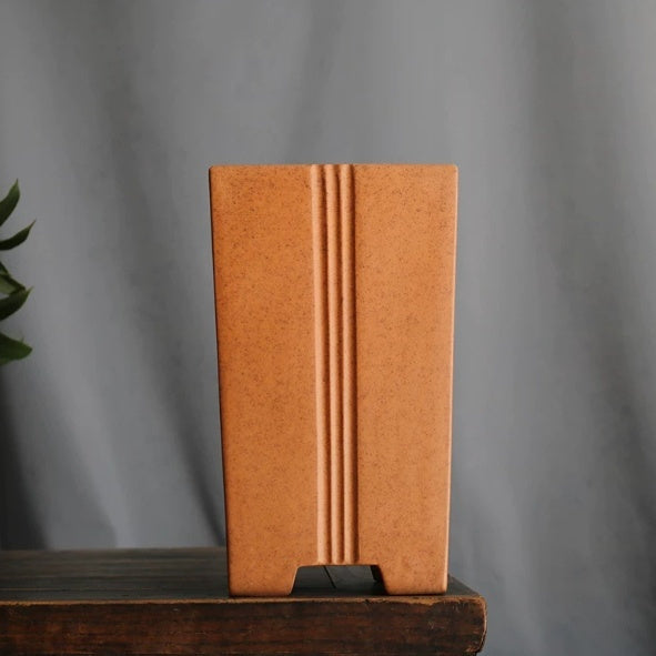 Tall ochre square bonsai pot with vertical grooves and notched base
