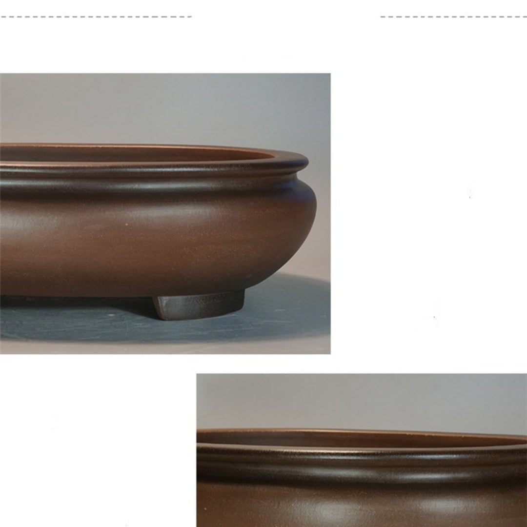 Detail collage of the oval pot's rounded brown wall and raised rim