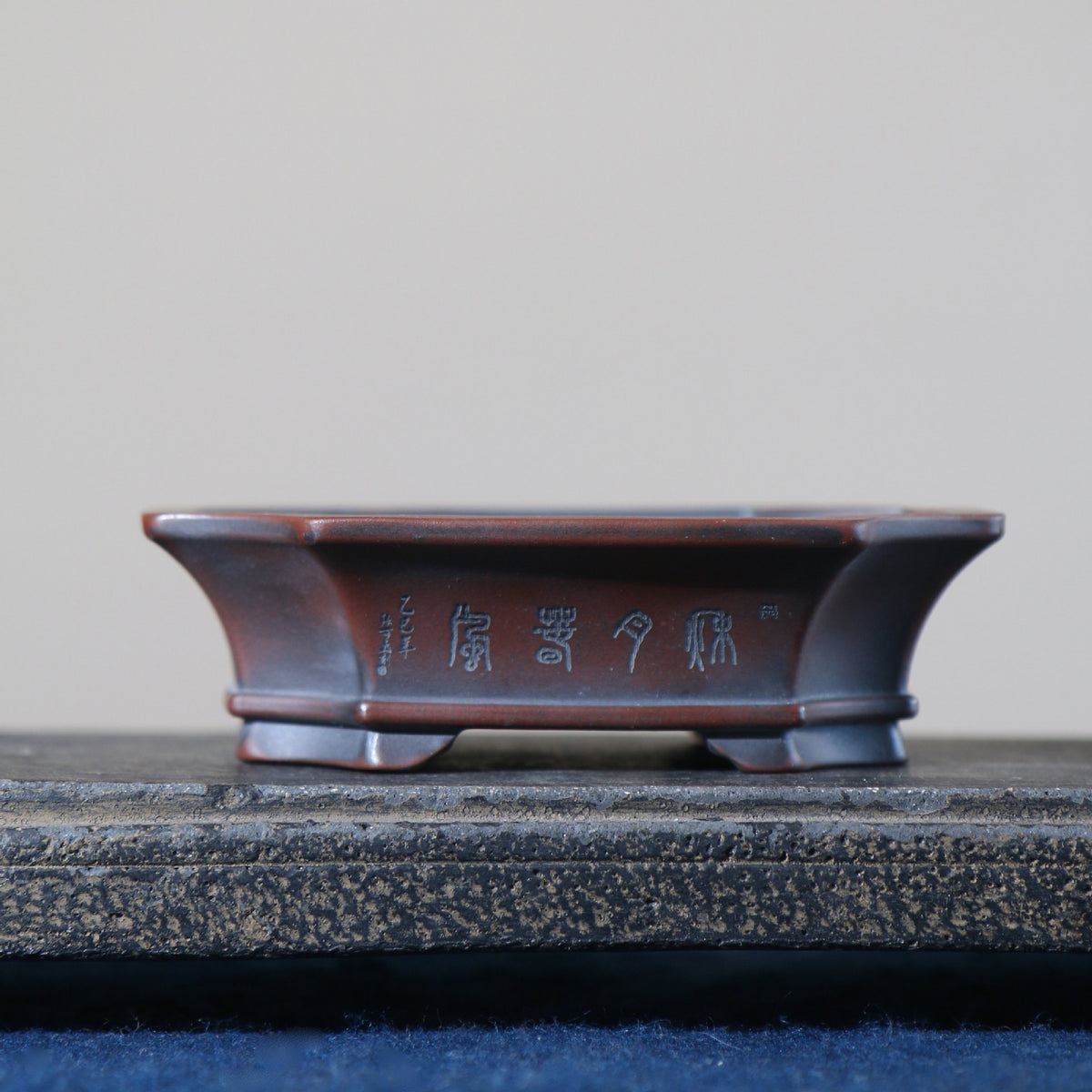 Calligraphy side of small mokko Yixing bonsai pot