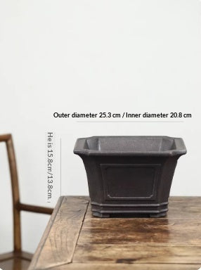 Dark square bonsai pot with diameter and height labels