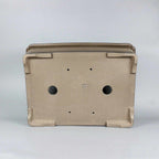 Underside of taupe rectangular pot showing openings and corner feet