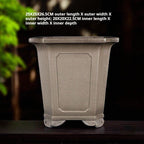 Tall square paneled pot with exterior and interior dimension labels