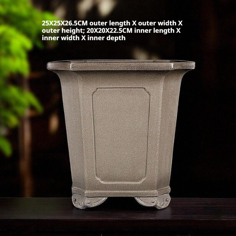 Tall square paneled pot with exterior and interior dimension labels