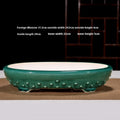 Green oval bonsai pot with raised studs around the base and pale interior, with dimensions above