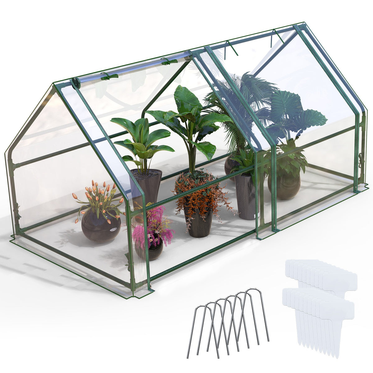 Clear PVC mini greenhouse with green frame stakes and plant labels