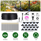 Garden misting collage above coiled tubing, nozzles and labeled connector parts