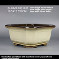 Measurement image of the cream square pot showing 23 × 23 × 11 cm exterior and 18.5 × 18.5 × 9 cm interior
