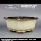 Measurement image of the cream square pot showing 23 × 23 × 11 cm exterior and 18.5 × 18.5 × 9 cm interior