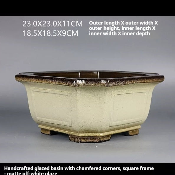 Measurement image of the cream square pot showing 23 × 23 × 11 cm exterior and 18.5 × 18.5 × 9 cm interior