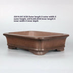 Angled brown rectangular pot with dimension annotations