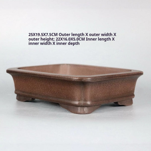 Angled brown rectangular pot with dimension annotations