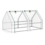 Green steel frame of peaked-roof mini greenhouse