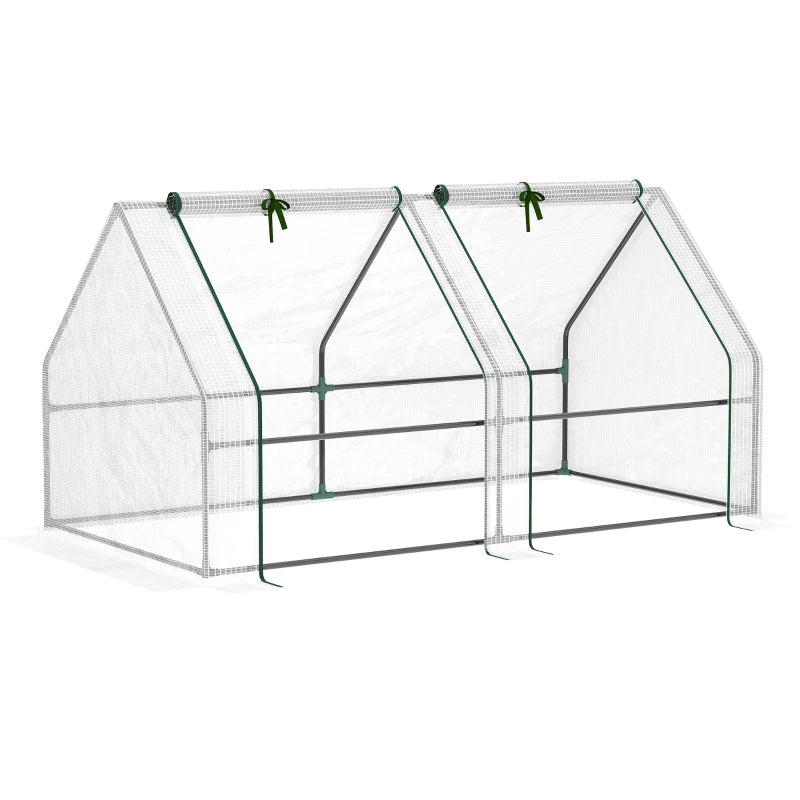 Green steel frame of peaked-roof mini greenhouse