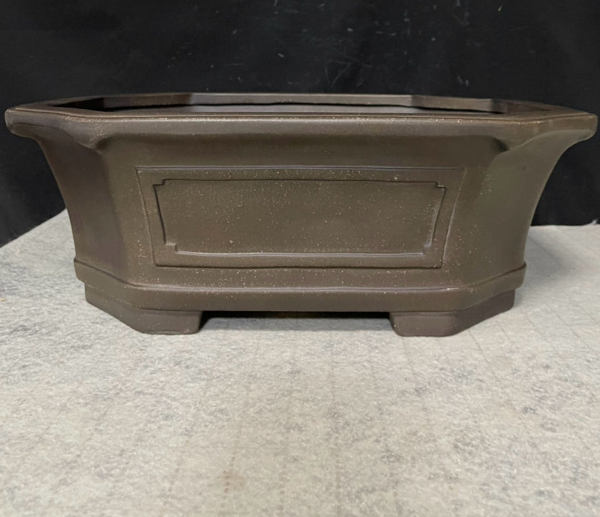 Dark brown clipped-corner bonsai pot with flared rim and framed side panel