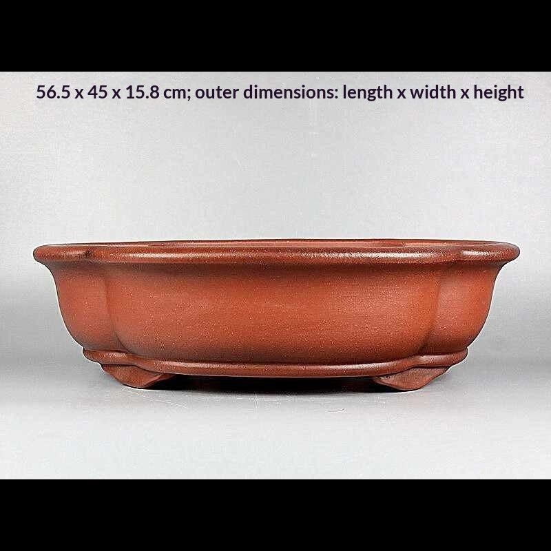 Front profile of red-orange lobed pot with measurement labels