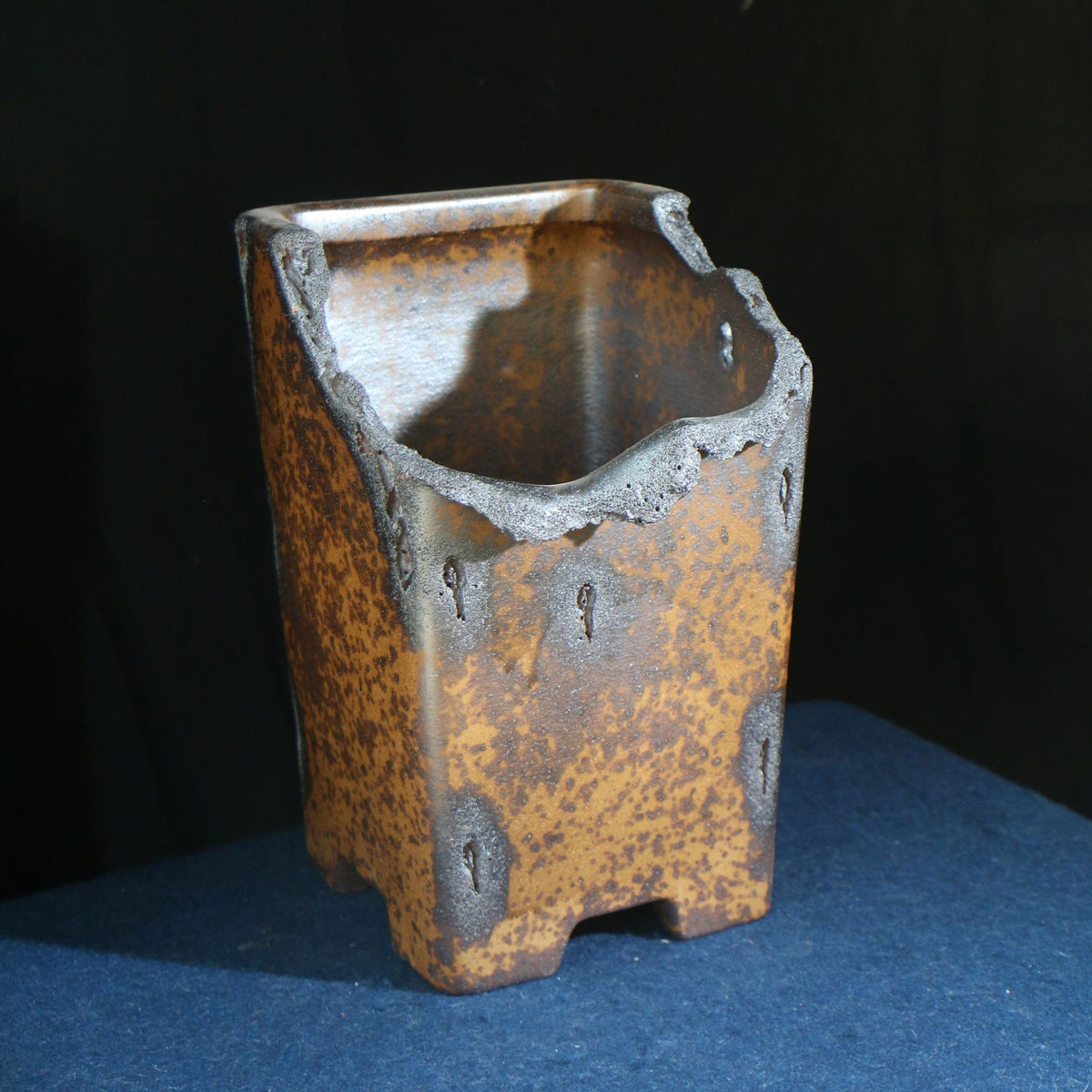 9.1" Cascade Yixing Zisha Clay Bonsai Pot - Wood-Fired, Sculpted Rim — front view with sculpted rim