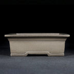 Gray rectangular bonsai pot with broad rim and notched base