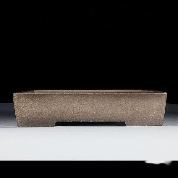 Shallow taupe rectangular bonsai pot with straight sides and notched base