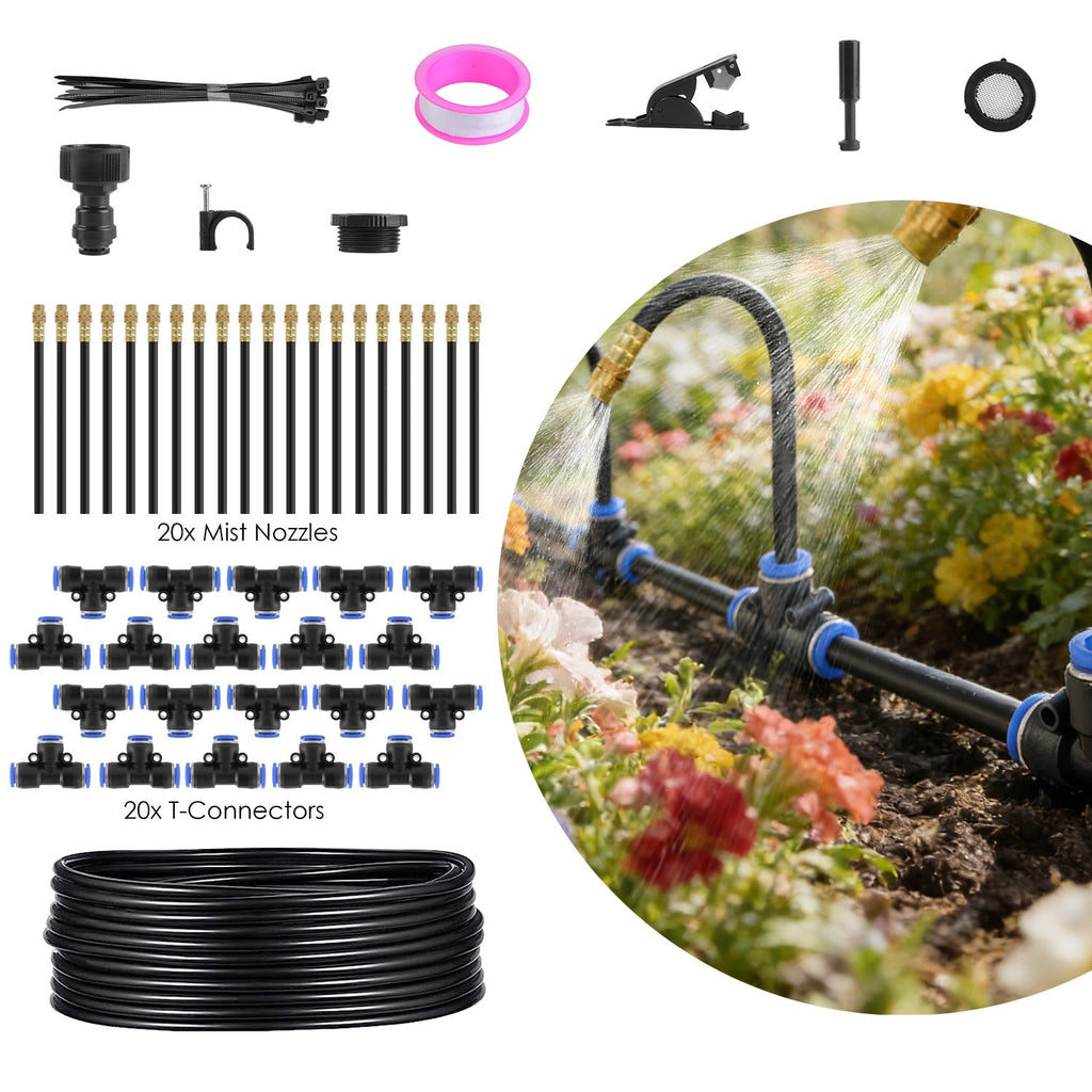 Drip irrigation kit collage showing coiled tubing, bendable nozzles, connectors and a garden misting scene