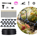 Drip irrigation kit collage showing coiled tubing, bendable nozzles, connectors and a garden misting scene