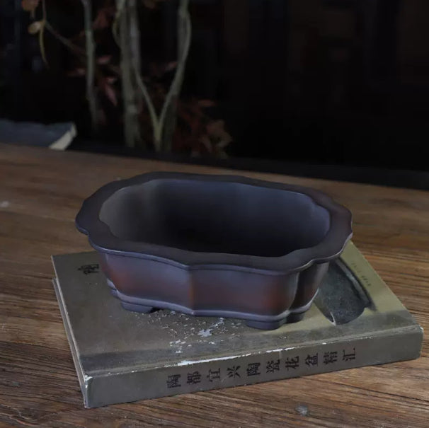 Dark brown lobed rectangular pot with scalloped rim and paneled walls