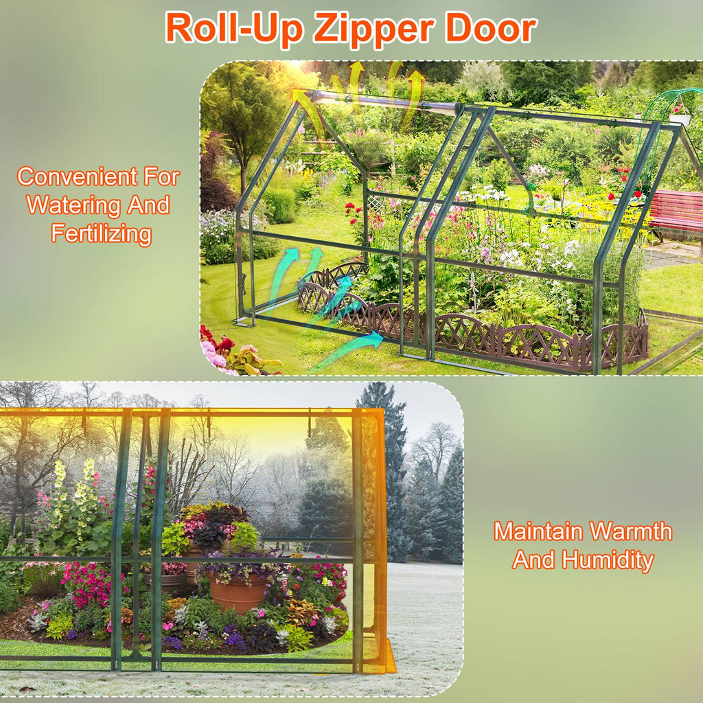 Roll-up zipper doors on clear mini greenhouse
