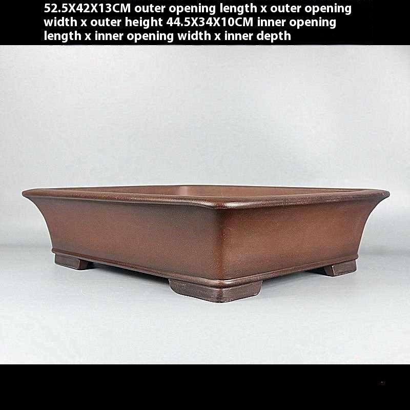Angled brown rectangular pot with measurement labels above