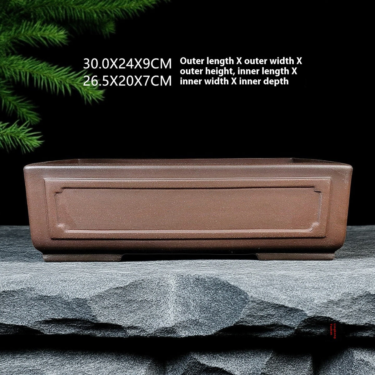 Front view of the brown paneled pot with size annotations