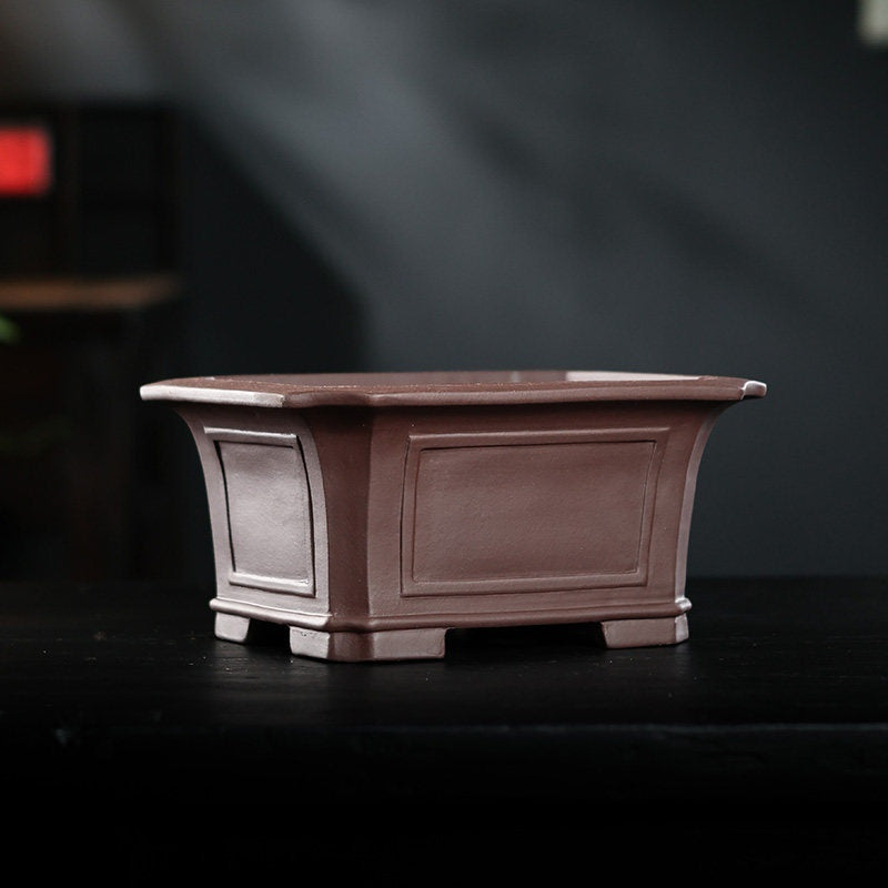 Deep brown paneled rectangular Zisha bonsai pot