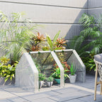 Two-door mini greenhouse shown with potted plants on a patio