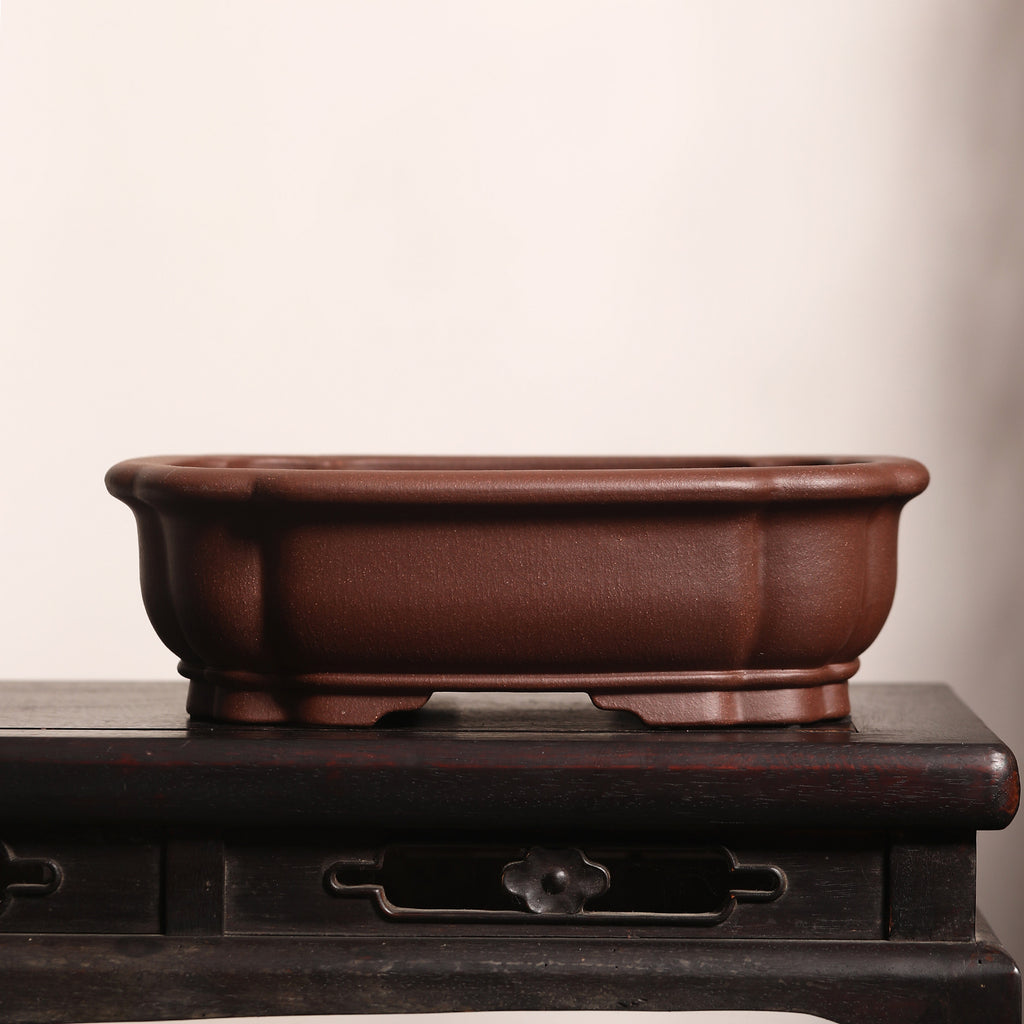 Brown corner-cut mokko Yixing bonsai pot, side view