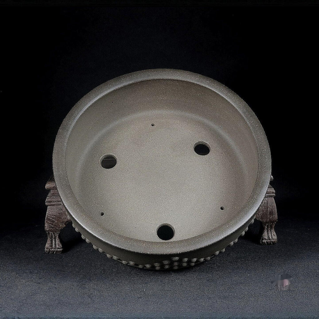Interior of gray round drum bonsai pot