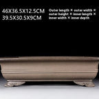 Large taupe rectangular purple-clay pot with supplier dimensions