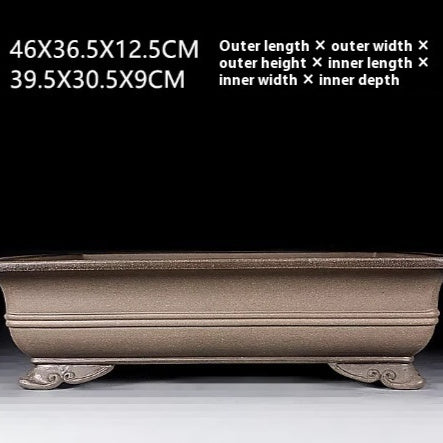 Large taupe rectangular purple-clay pot with supplier dimensions