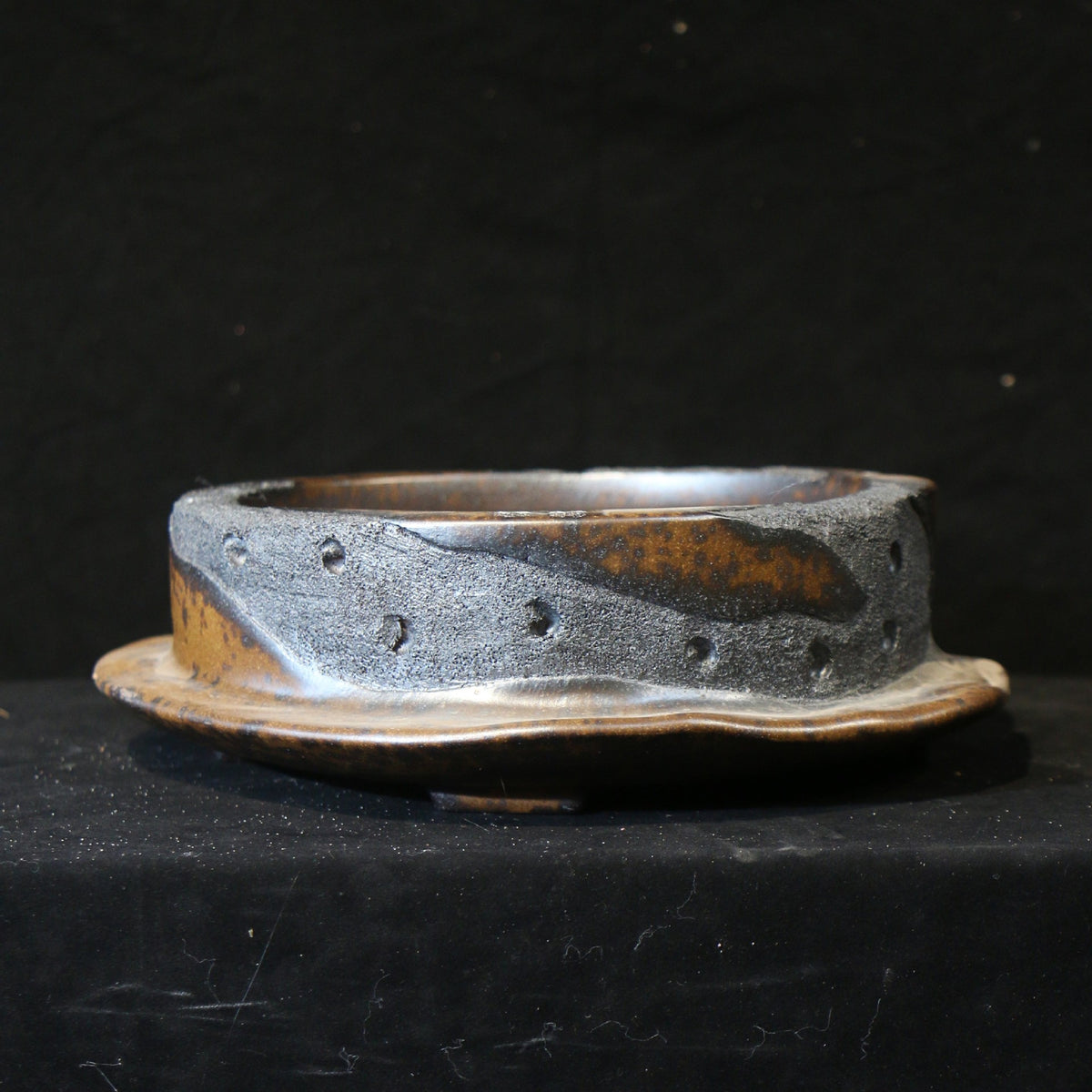13" Round Yixing Zisha Clay Bonsai Pot - Bronze & Charcoal Glaze — front view with broad flared base