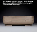 Taupe rectangular bonsai pot with rounded corners, a horizontal band and low feet, with measurements above