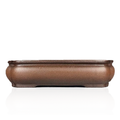 Shallow Yixing purple clay bonsai pot, front view on white background