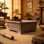 Large brown rectangular bonsai pot with framed panels in an indoor display