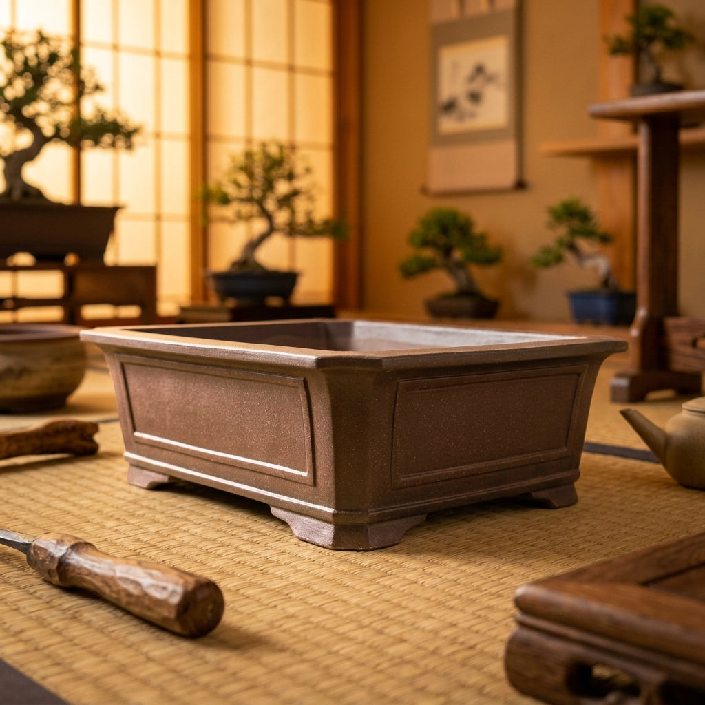 Large brown rectangular bonsai pot with framed panels in an indoor display
