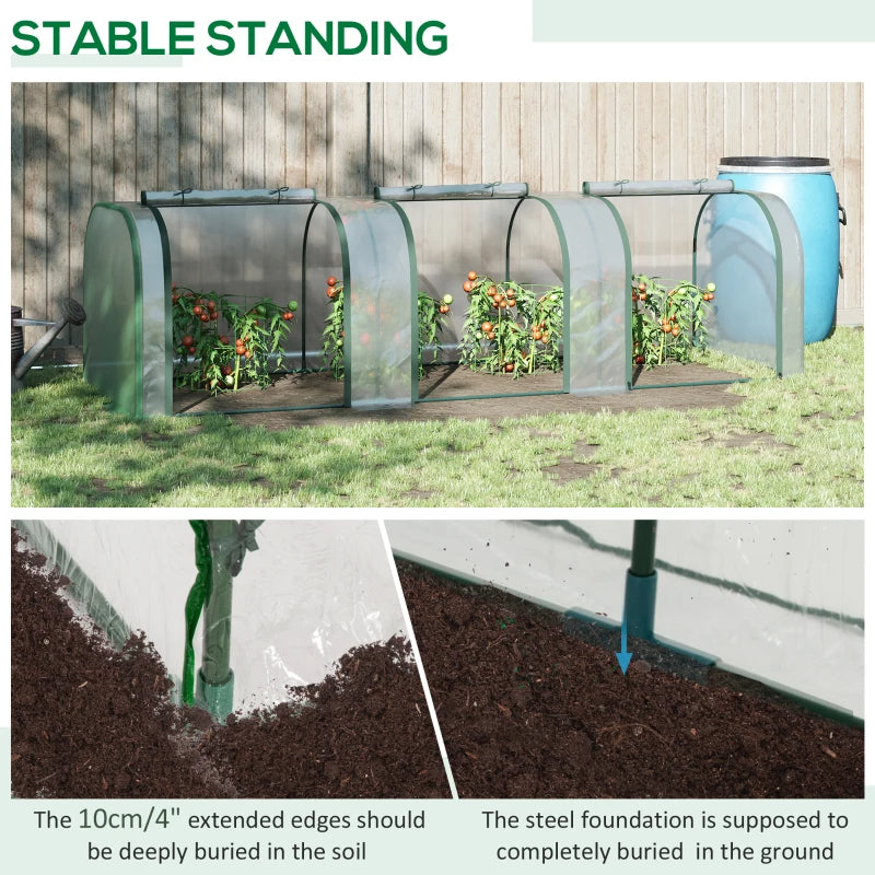 Tunnel greenhouse extended cover edge anchoring guide