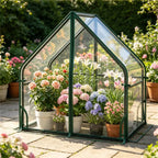 Compact clear-cover mini greenhouse shown with potted flowers