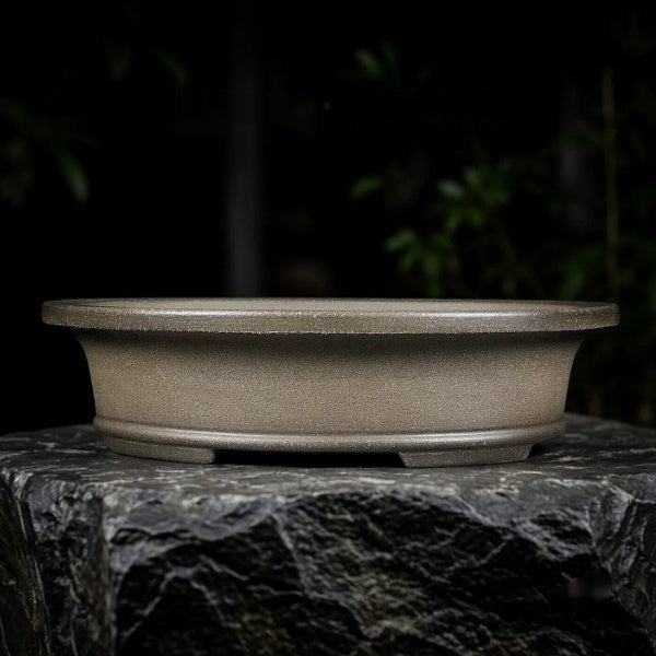 Shallow taupe oval Zisha bonsai pot