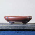 Red-brown lobed bonsai pot with dark accents and curled feet