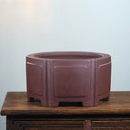 Brown hexagonal Zisha bonsai pot, side view